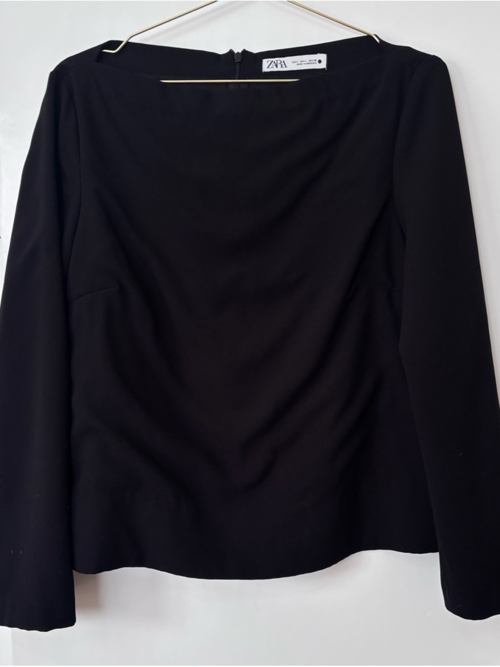 Zara| Modern Black Boatneck Long Sleeve Back-Zip Jacket Top Sz L